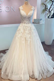 Elegant Long A-line V-neck Tulle Lace Wedding Dress