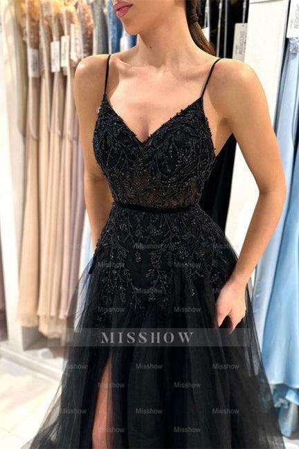 Elegant Long Black A-line Sequined Lace Prom Dresses With Slit – misshow.com Elegant Long Black A-line Sequined Lace Prom Dresses With Slit – misshow.com