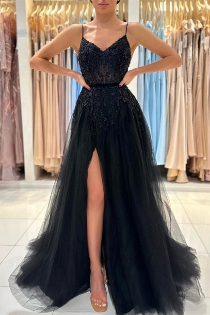 Elegant Long Black A-line Sequined Lace Prom Dresses With Slit-misshow.com