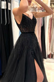 Elegant Long Black A-line Sequined Lace Prom Dresses With Slit-misshow.com