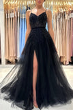 Elegant Long Black A-line Sequined Lace Prom Dresses With Slit