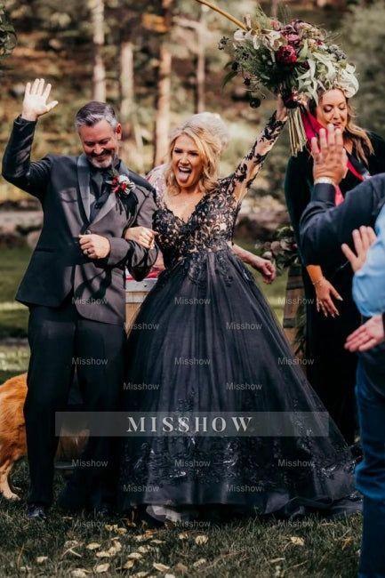 Elegant Long Black A-Line V-Neck Long Sleeves Wedding Dresses with Lace Elegant Long Black A-Line V-Neck Long Sleeves Wedding Dresses with Lace