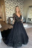 Elegant Long Black A-line V-neck Long Sleeves Wedding Dresses With Lace-misshow.com