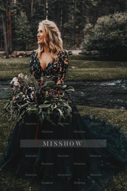 Elegant Long Black A-line V-neck Long Sleeves Wedding Dresses With Lace Elegant Long Black A-line V-neck Long Sleeves Wedding Dresses With Lace