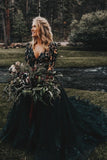 Elegant Long Black A-line V-neck Long Sleeves Wedding Dresses With Lace-misshow.com