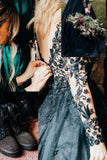 Elegant Long Black A-line V-neck Long Sleeves Wedding Dresses With Lace-misshow.com