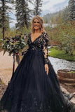 Elegant Long Black A-line V-neck Long Sleeves Wedding Dresses With Lace-misshow.com