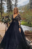 Elegant Long Black A-line V-neck Long Sleeves Wedding Dresses With Lace