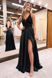 Elegant Long Black A-line V-neck Sequined Evening Dress With Glitter-misshow.com