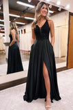 Elegant Long Black A-line V-neck Sequined Evening Dress With Glitter