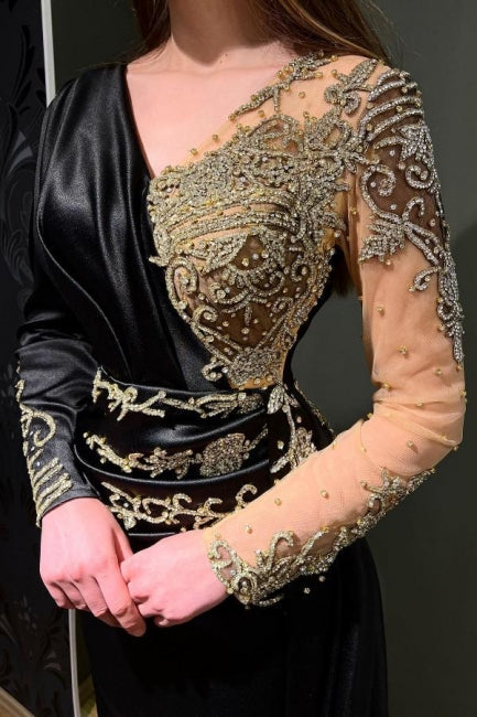 Elegant Long Black Beading Mermaid Evening Dresses With Long Sleeves-misshow.com