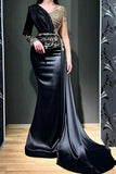 Elegant Long Black Beading Mermaid Evening Dresses With Long Sleeves