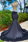 Elegant Long Black Jewel Mermaid Lace Prom Dress with Appliques-misshow.com