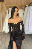 Elegant Long Black Off-the-shoulder Lace Mermaid Prom Dress With Slit-misshow.com