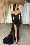 Elegant Long Black Off-the-shoulder Lace Mermaid Prom Dress With Slit