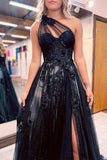 Elegant Long Black One Shoulder A-line Lace Prom Dress With Slit-misshow.com