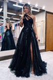 Elegant Long Black One Shoulder A-line Lace Prom Dress With Slit