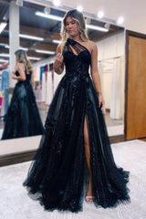 Elegant Long Black One Shoulder A-line Lace Prom Dress With Slit-misshow.com