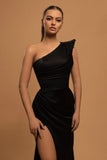 Elegant Long Black One Shoulder Mermaid Evening Dresses With Slit-misshow.com