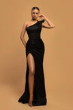 Elegant Long Black One Shoulder Mermaid Evening Dresses With Slit-misshow.com