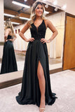 Elegant Long Black V-neck A-line Sequined Sleeveless Prom Dress With Slit