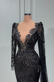 Elegant Long Black V-neck Lace Mermaid Evening Dresses With Long Sleeves-misshow.com