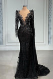 Elegant Long Black V-neck Lace Mermaid Evening Dresses With Long Sleeves-misshow.com