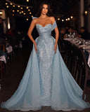 Elegant Long Blue A-line Off-the-shoulder Sleeveless Sequined Prom Dress With Detachable Train-misshow.com
