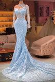 Elegant Long Blue Mermaid Long Sleeves Lace Prom Dress With Train-misshow.com