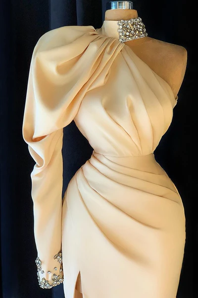 Elegant Long Champagne High Neck One Shoulder Split Prom Dress With Slit-misshow.com