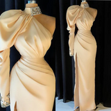 Elegant Long Champagne High Neck One Shoulder Split Prom Dress With Slit-misshow.com