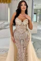 Elegant Long Champagne Mermaid Strapless Lace Glitter Prom Evening Dresses with Detachable Train