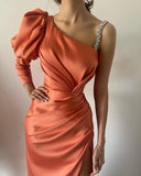 Elegant Long Column Split Front Prom Dresses With Long Sleeve-misshow.com
