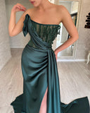 Elegant Long Dark Green A-line Sleeveless Beading Prom Dress With Slit-misshow.com