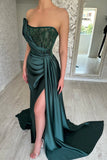 Elegant Long Dark Green A-line Sleeveless Beading Prom Dress With Slit