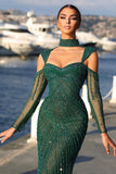 Elegant Long Dark Green Beading Off-the-shoulder Prom Dress With Sleeves-misshow.com