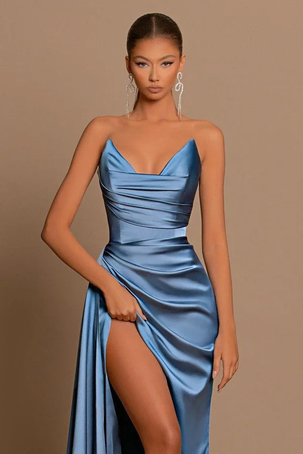 Elegant Long Dusty Blue Mermaid Sleeveless Prom Dress With Slit ...