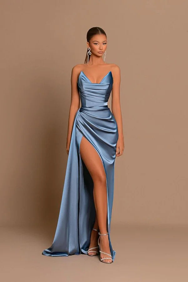 Elegant Long Dusty Blue Mermaid Sleeveless Prom Dress With Slit-misshow.com