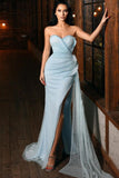 Elegant Long Glitter Blue Evening Dresses With Slit Mermaid Prom Dresses-misshow.com