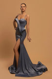 Elegant Long Glitter Spaghetti Straps Evening Dresses With Slit-misshow.com