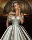 Elegant Long Ivory Sweetheart Off-the-shoulder A-line Sleeveless Wedding Dress-misshow.com