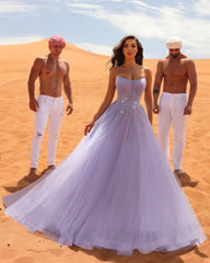 Elegant Long Lilac A-line Sleeveless Rhinestones Tulle Prom Dress-misshow.com