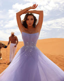 Elegant Long Lilac A-line Sleeveless Rhinestones Tulle Prom Dress-misshow.com