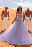 Elegant Long Lilac A-line Sleeveless Rhinestones Tulle Prom Dress
