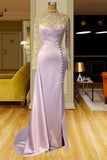 Elegant Long Mermaid High Neck Lace Beading Prom Dress With Long Sleeves-misshow.com