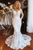 Elegant Long Mermaid Lace Long Sleeves Appliques Wedding Dress-misshow.com