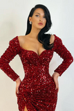 Elegant Long Mermaid Long Sleeves Sequined Prom Dress With Slit-misshow.com