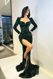 Elegant Long Mermaid Long Sleeves Sequined Prom Dress With Slit-misshow.com