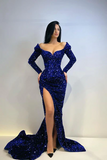 Elegant Long Mermaid Long Sleeves Sequined Prom Dress With Slit-misshow.com