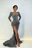 Elegant Long Mermaid Long Sleeves Sequined Prom Dress With Slit-misshow.com